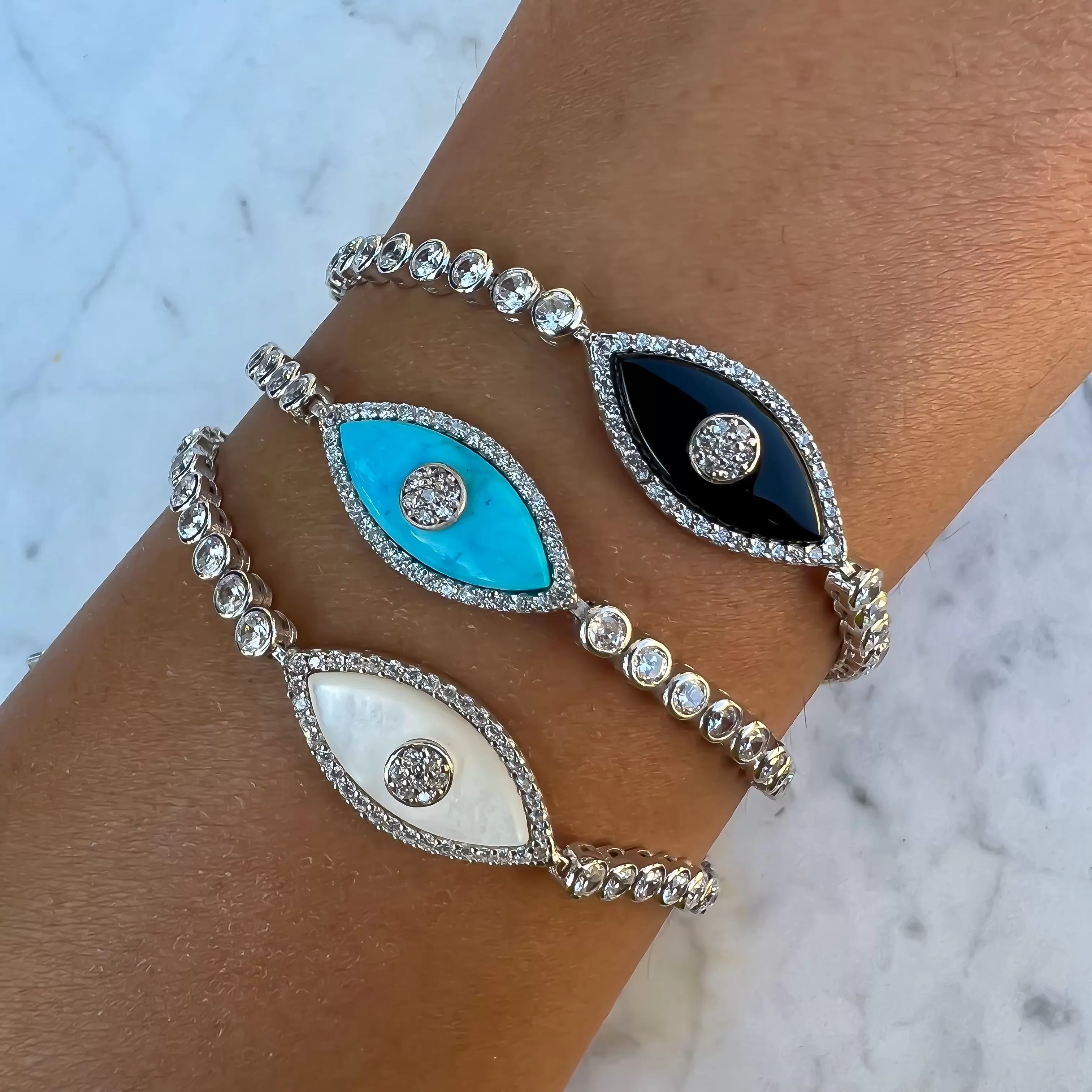 “Gemma” Mother of pearl sterling silver tennis eye bracelet