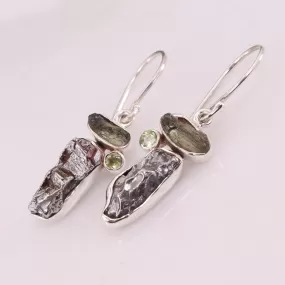 Genuine Moldavite, Peridot And Meteorite Rough Gemstone Handmade Solid Silver Earring