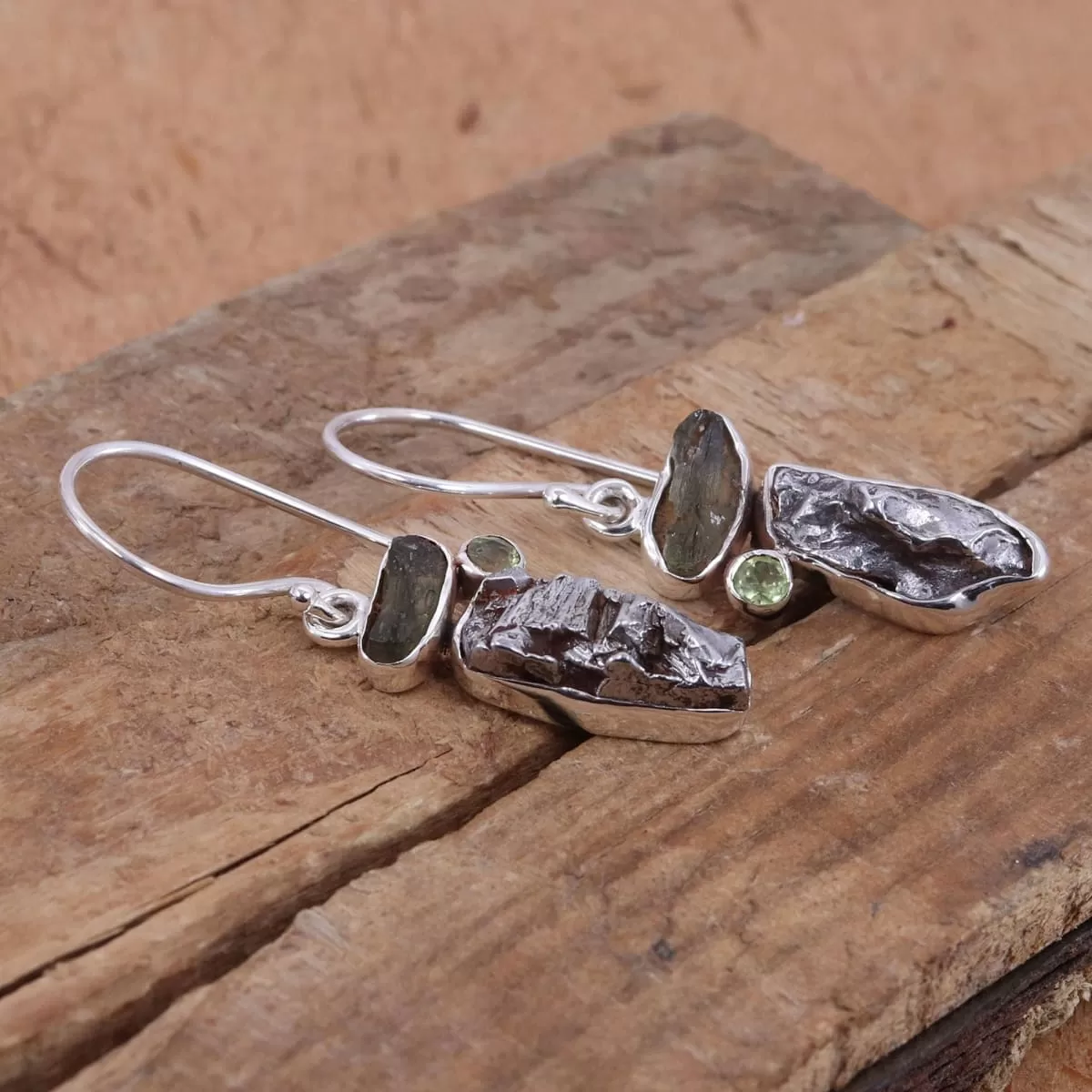 Genuine Moldavite, Peridot And Meteorite Rough Gemstone Handmade Solid Silver Earring