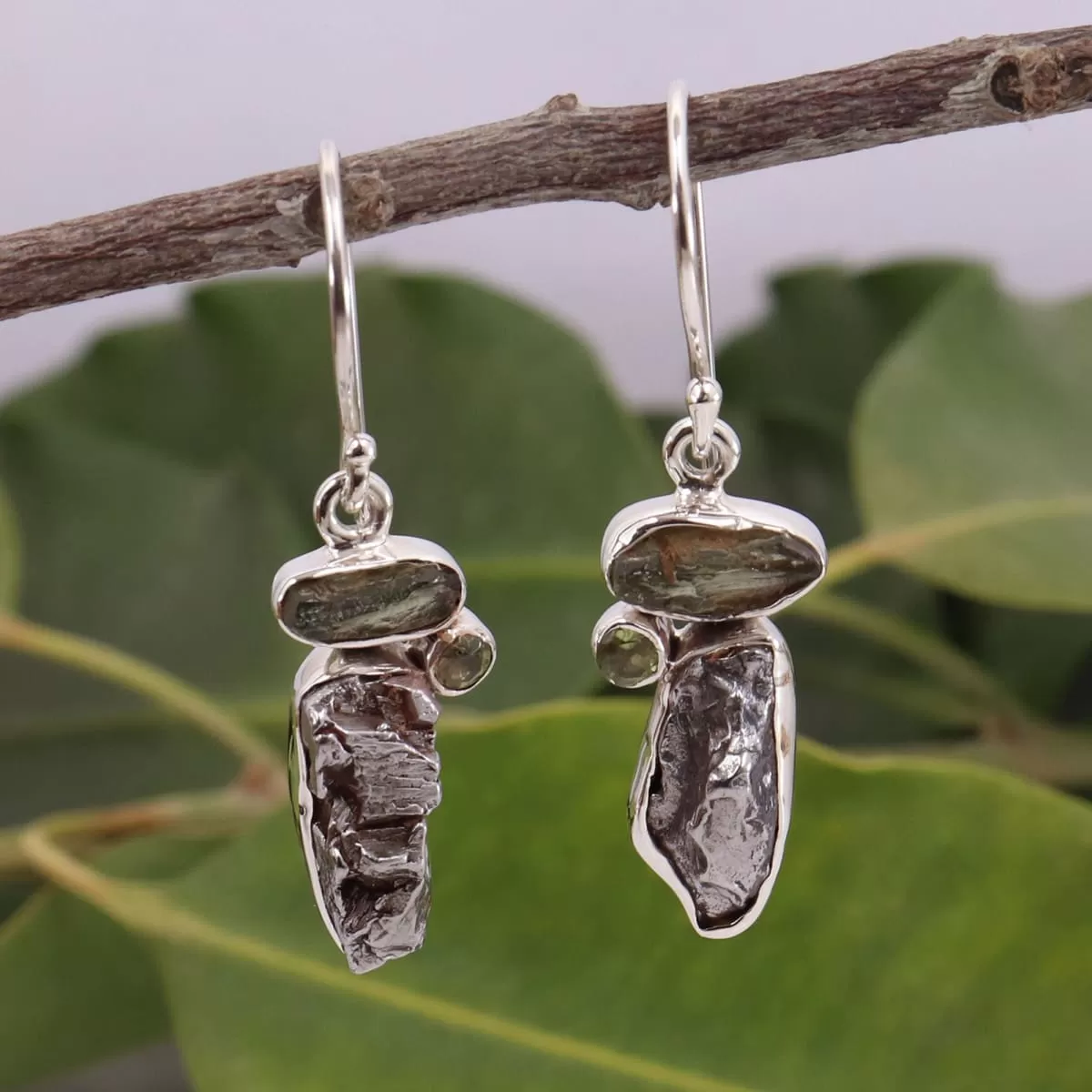 Genuine Moldavite, Peridot And Meteorite Rough Gemstone Handmade Solid Silver Earring