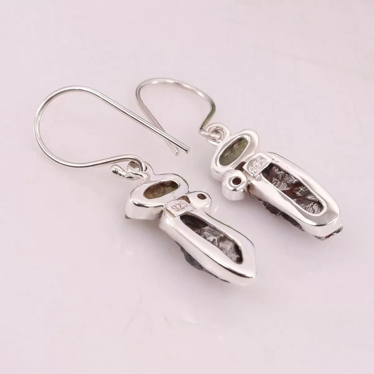 Genuine Moldavite, Peridot And Meteorite Rough Gemstone Handmade Solid Silver Earring