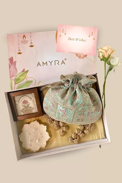 Gift hamper - Amer turquoise potli - Home & Urli box