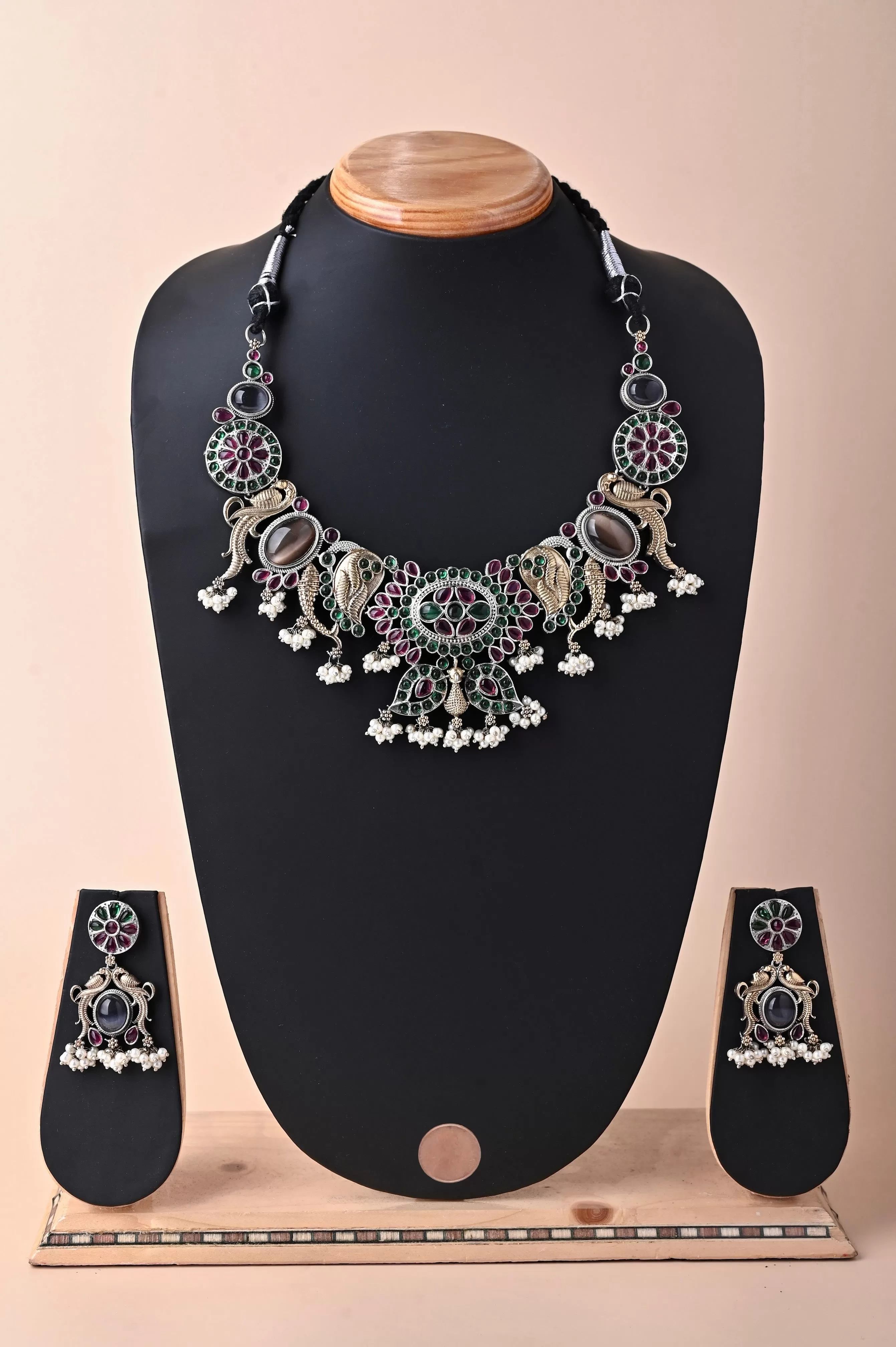 Golden and Silver Dual Tone Metal Boho Style Necklace Set with Monalisa Stone Work and Pearls