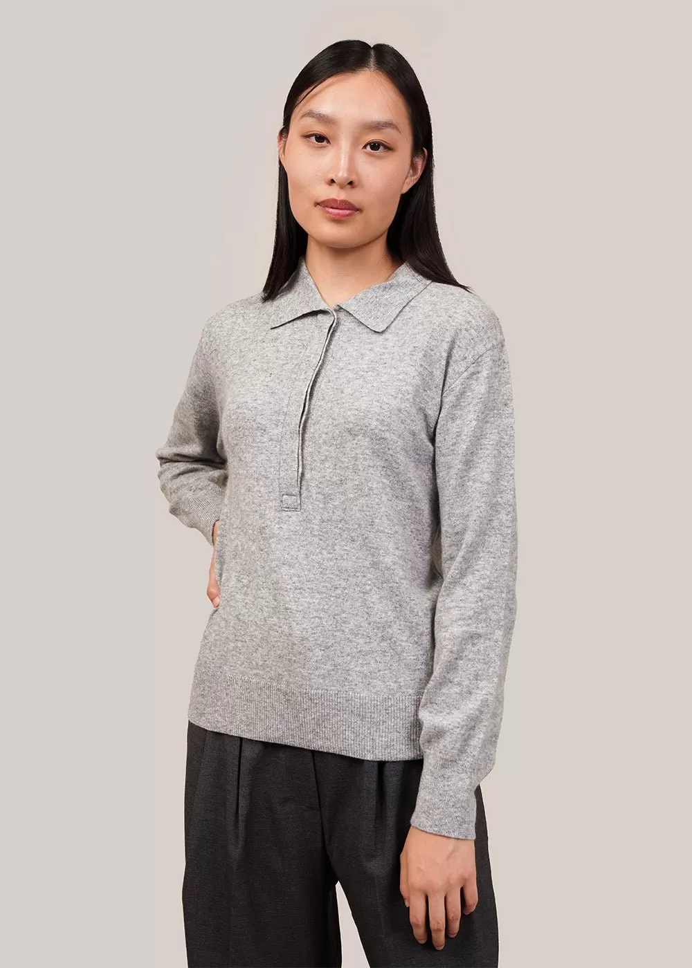 Grey Cashmere Blend Polo Sweater