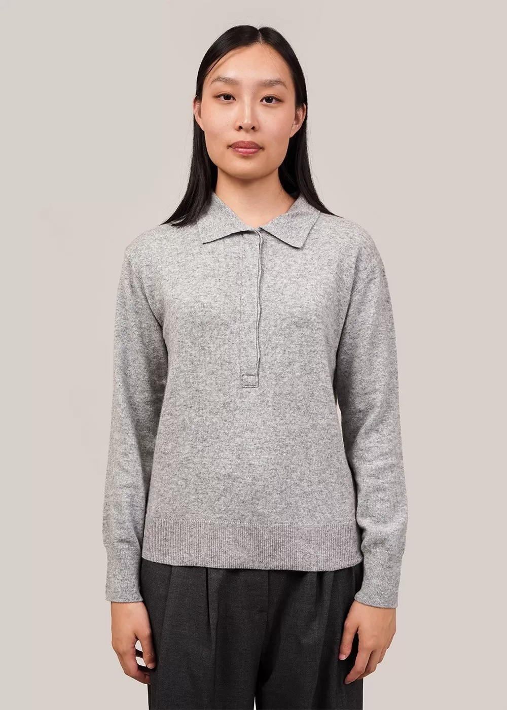 Grey Cashmere Blend Polo Sweater