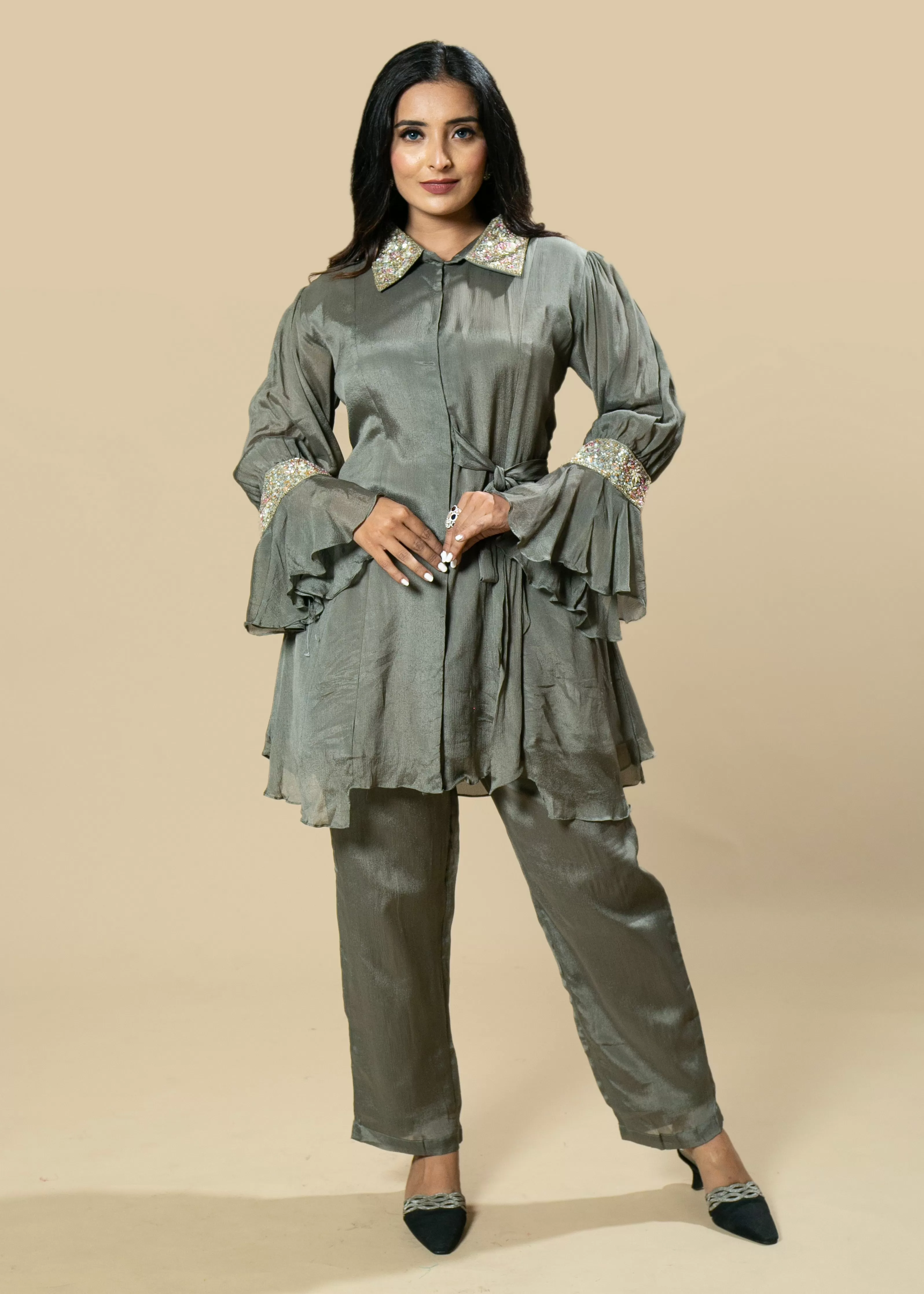 Hand-Embroidered Chinnon Coord Set with Flared Bell Sleeves