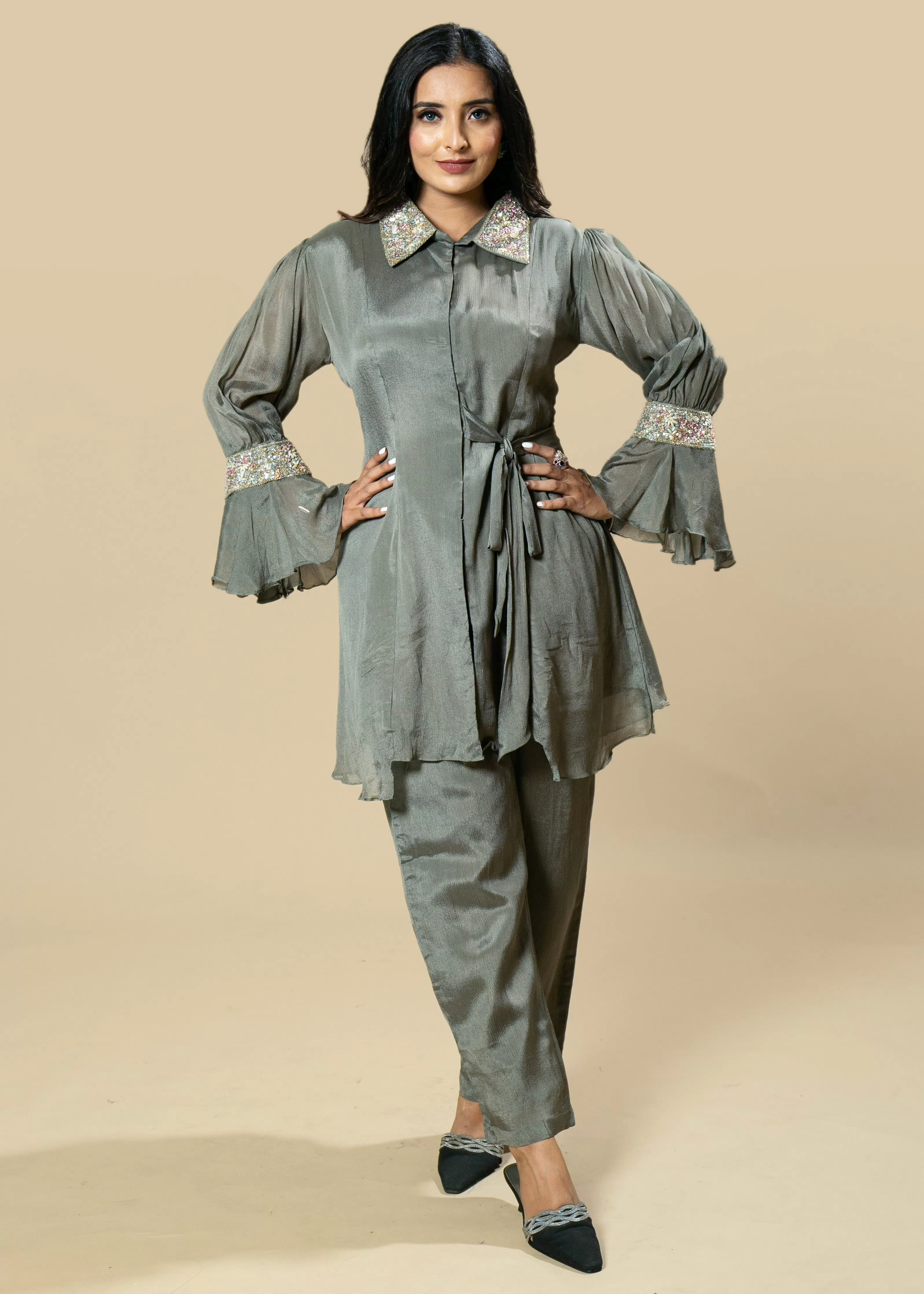 Hand-Embroidered Chinnon Coord Set with Flared Bell Sleeves