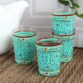 Hand Painted Green Set of Four Tea Glasses in Glass