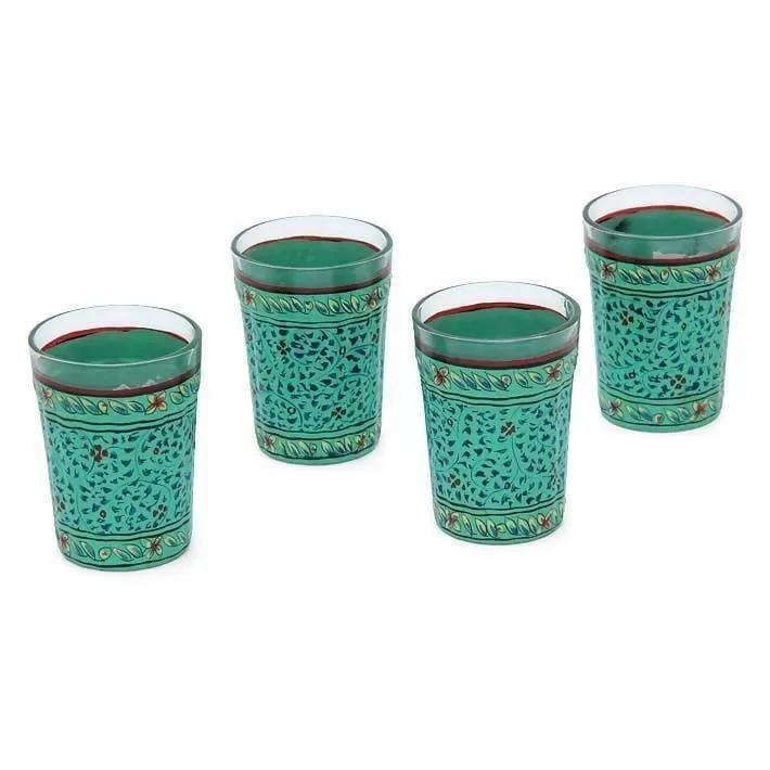 Hand Painted Green Set of Four Tea Glasses in Glass