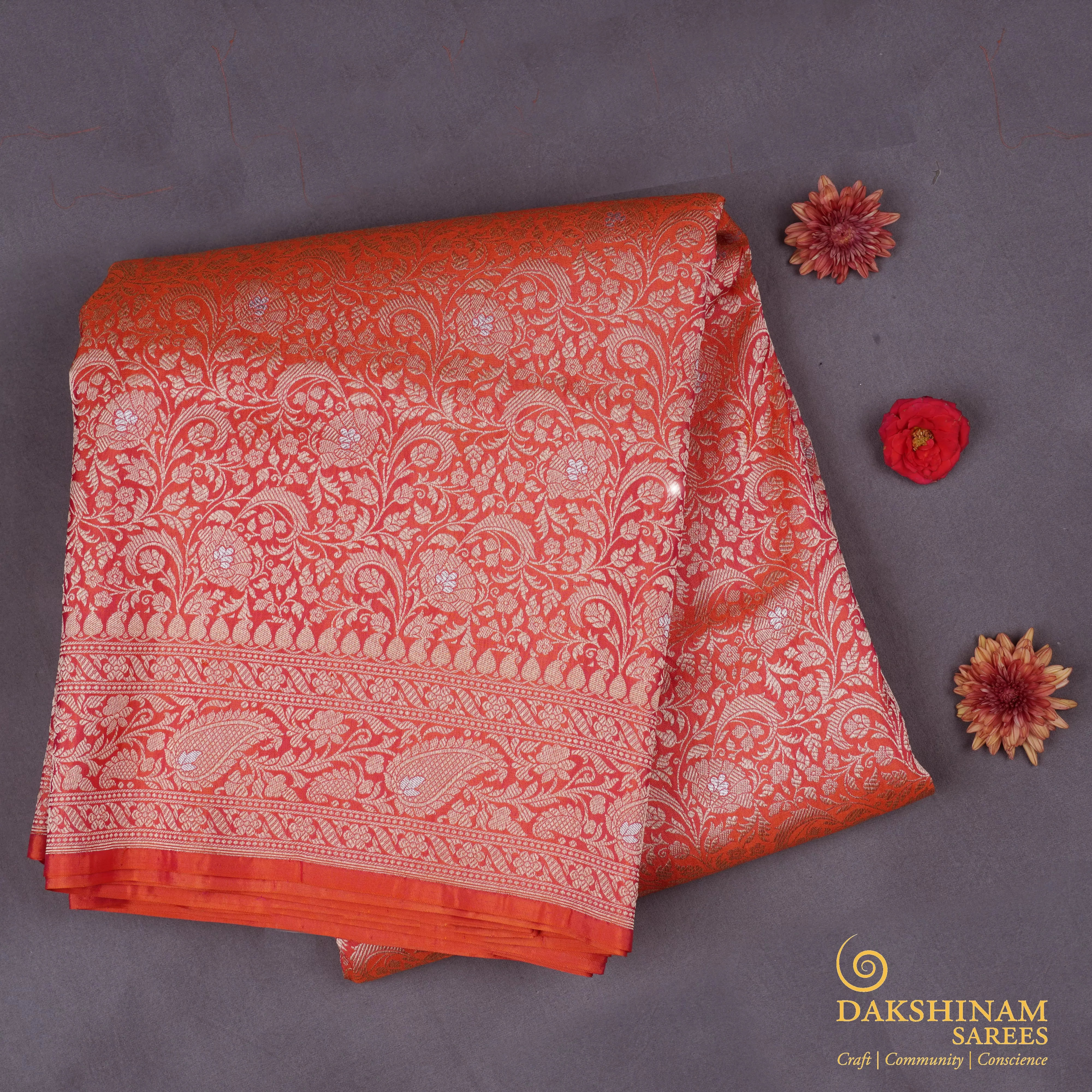 Handwoven Orange Banarasi Silk Saree - 1737T006286DSC