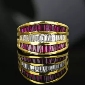 Impressive 18K Gold Baguette Diamond & Ruby Ring Band