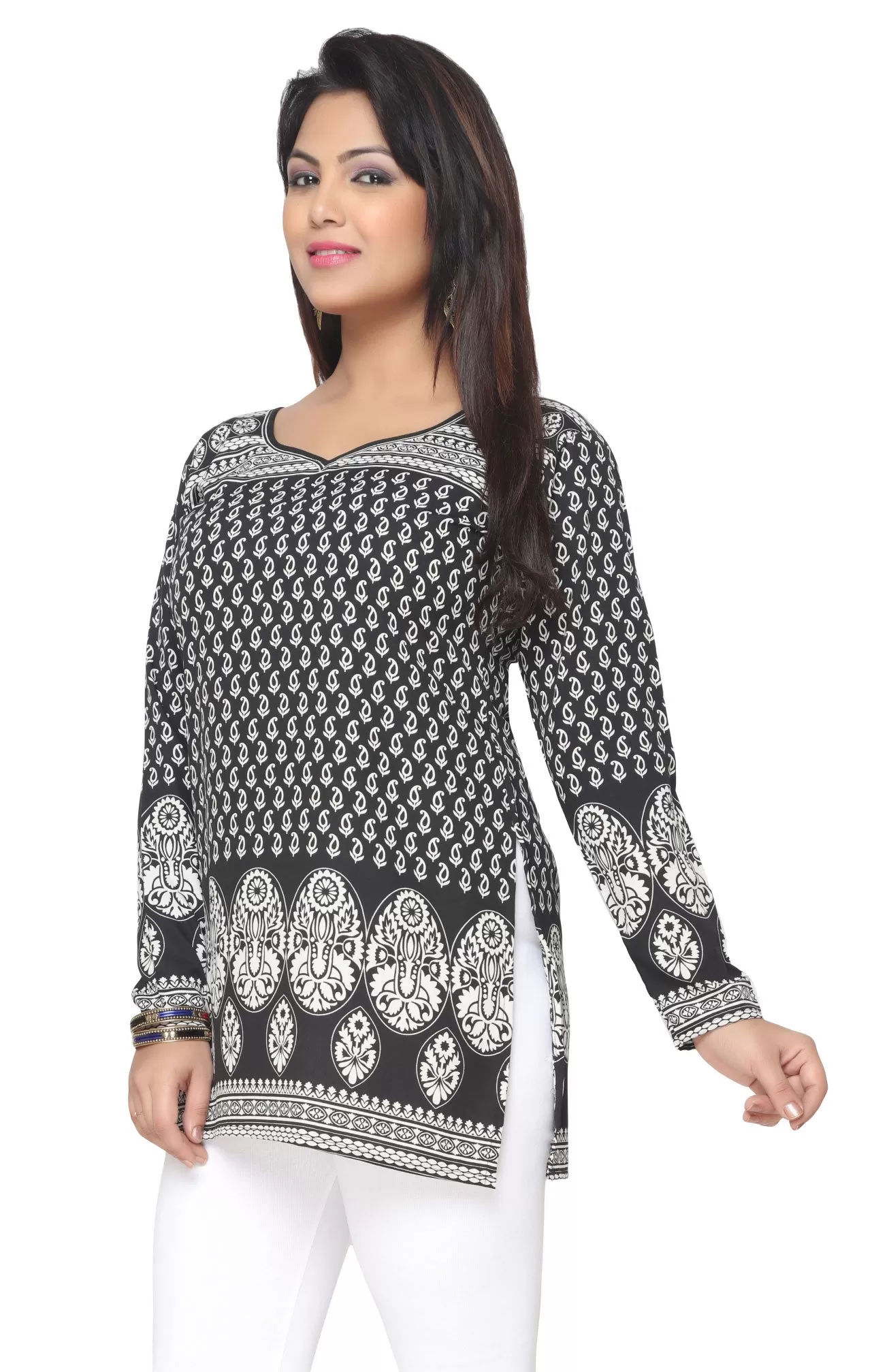 India Short Kurti Women's Kurta Printed Indian Clothing (Black)