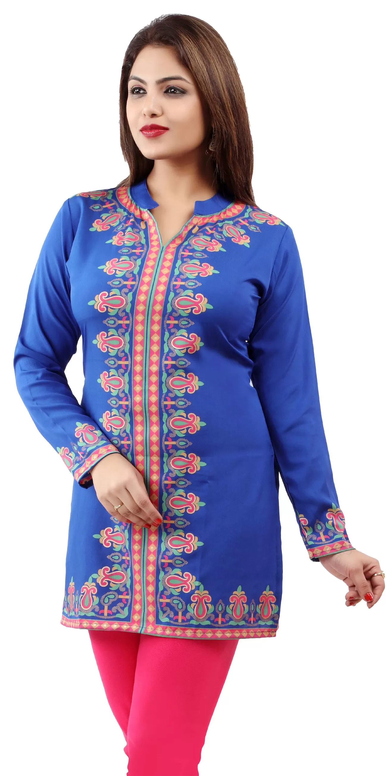 Kurti Top Tunic Women's Printed Blouse India Clothing (Blue)