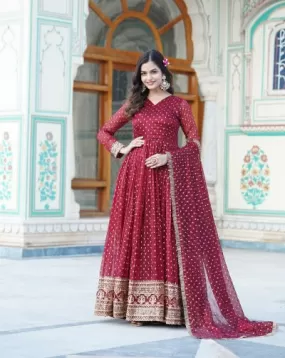 Maroon Jacquard Butti Zari Work Anarkali Gown With Dupatta 2Pc