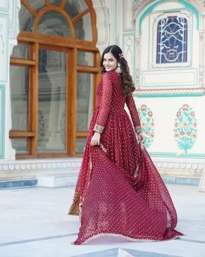 Maroon Jacquard Butti Zari Work Anarkali Gown With Dupatta 2Pc