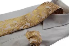 Mens Latte & Gold Paisley Patterned Neck Tie & Matching Pocket Square Set