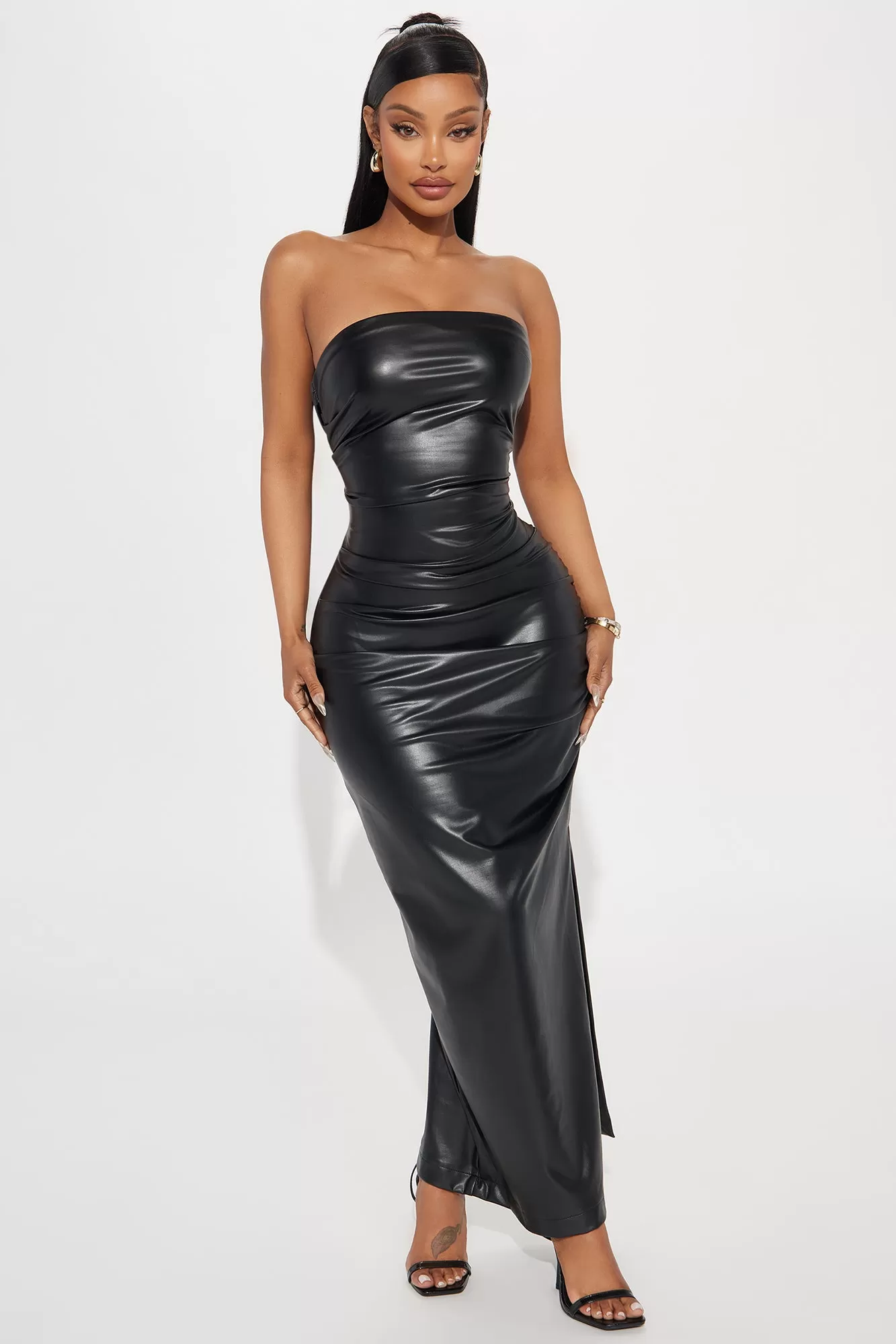 Midnight Baddie Leather Maxi Dress - Black