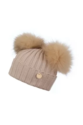 Mini Double Beige Pom Pom Hat