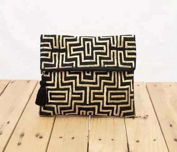 Mola purse, Black and gold colour bag, foldover clutch, embroidered, 10X8 inches