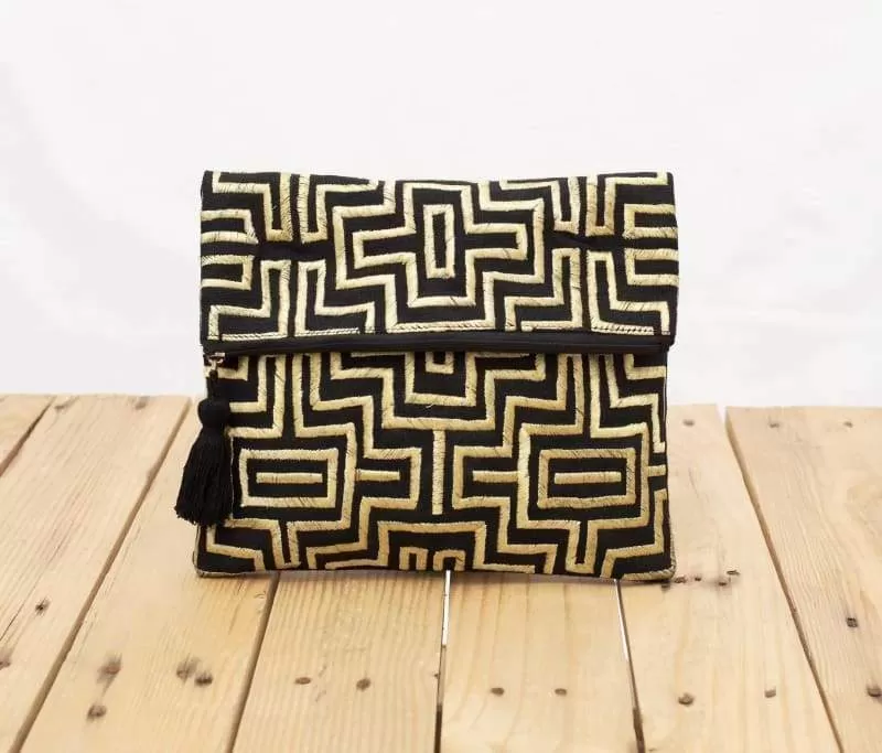 Mola purse, Black and gold colour bag, foldover clutch, embroidered, 10X8 inches