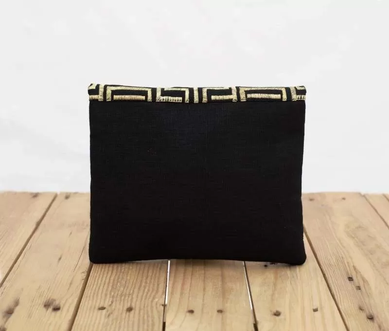 Mola purse, Black and gold colour bag, foldover clutch, embroidered, 10X8 inches