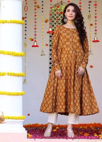 Mustard Brown Cotton Anarkali Style Kurti Pant Set Of 2