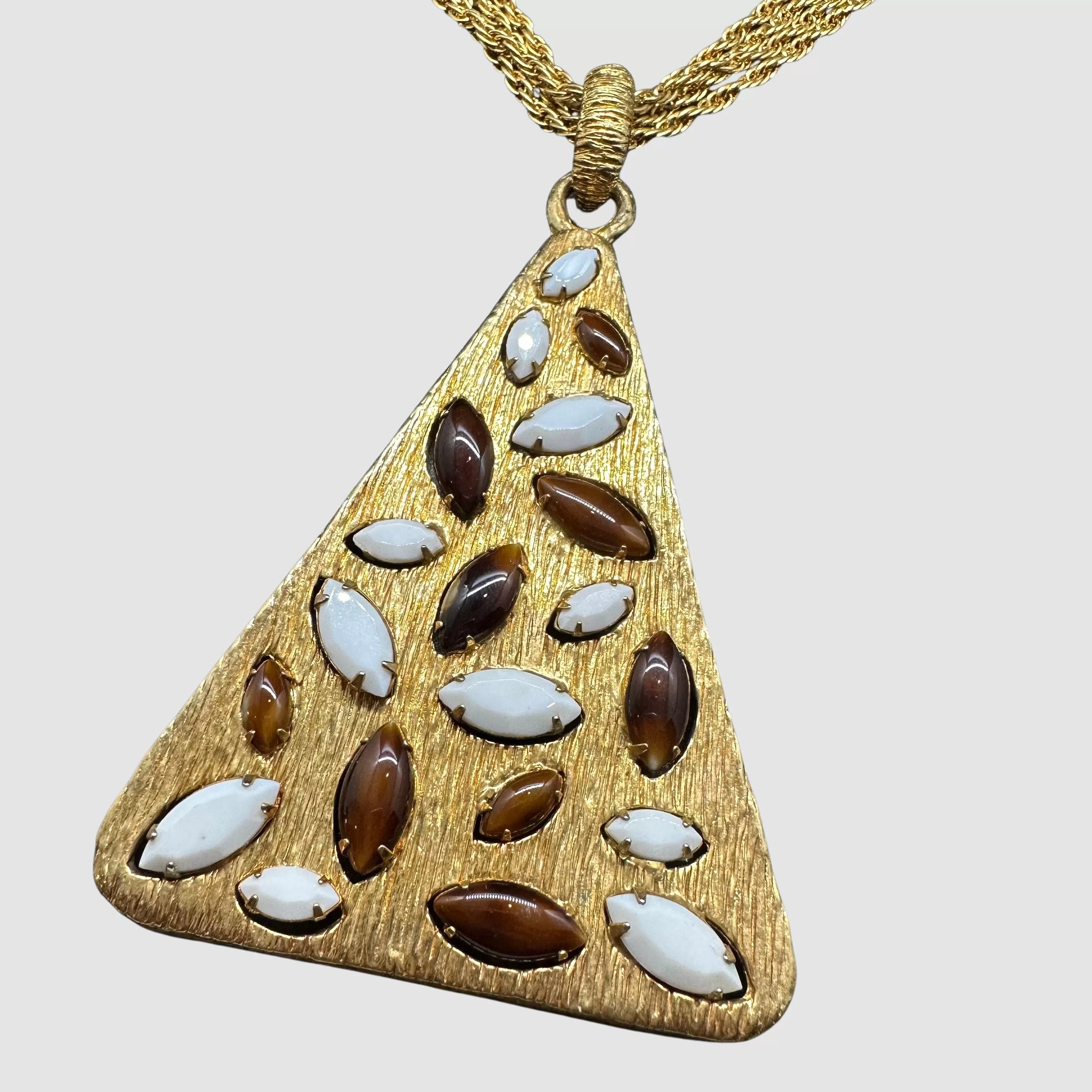 MYSTICAL PYRAMID Vintage 60s 70s Four Chain Gold Tone Necklace w/ Gem Set Pendant