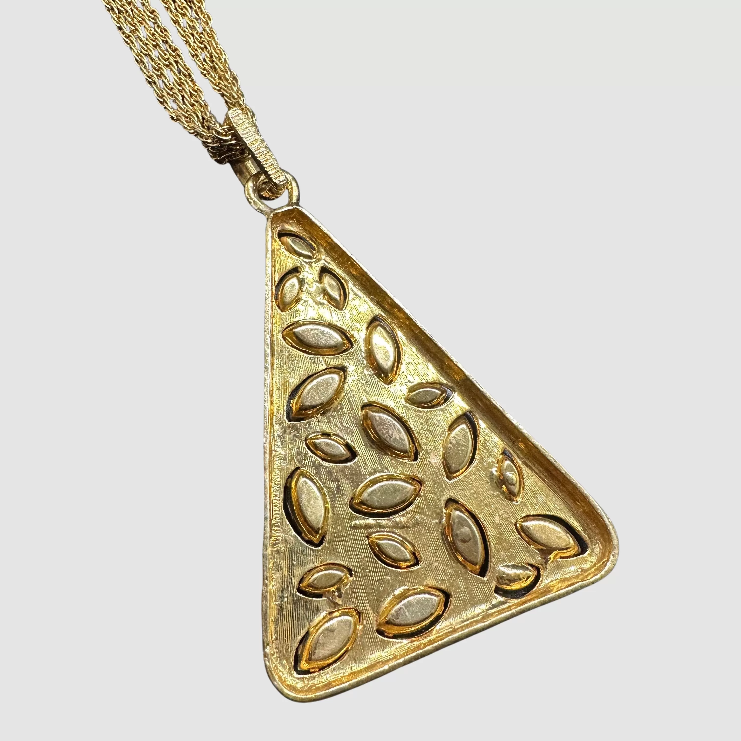 MYSTICAL PYRAMID Vintage 60s 70s Four Chain Gold Tone Necklace w/ Gem Set Pendant