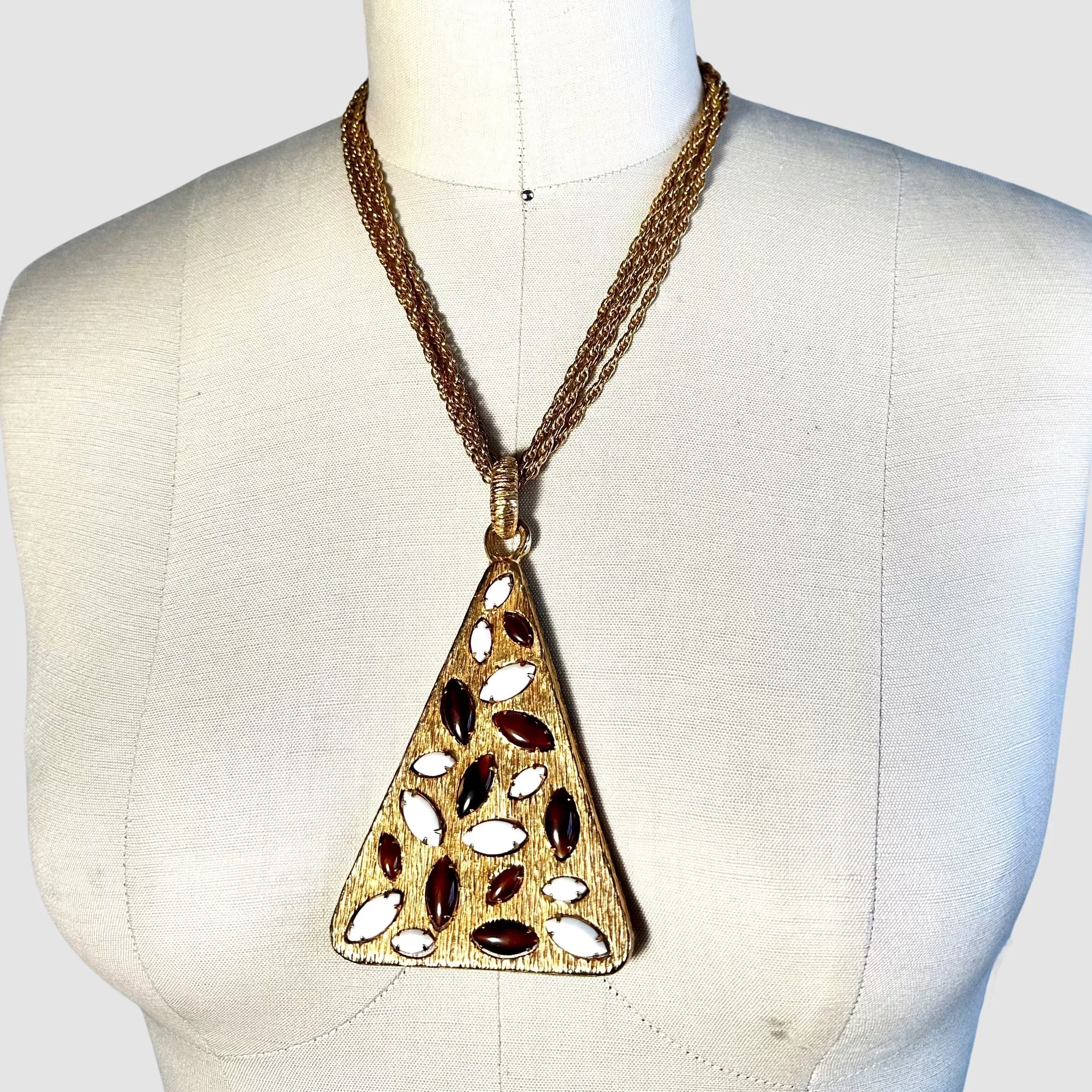 MYSTICAL PYRAMID Vintage 60s 70s Four Chain Gold Tone Necklace w/ Gem Set Pendant