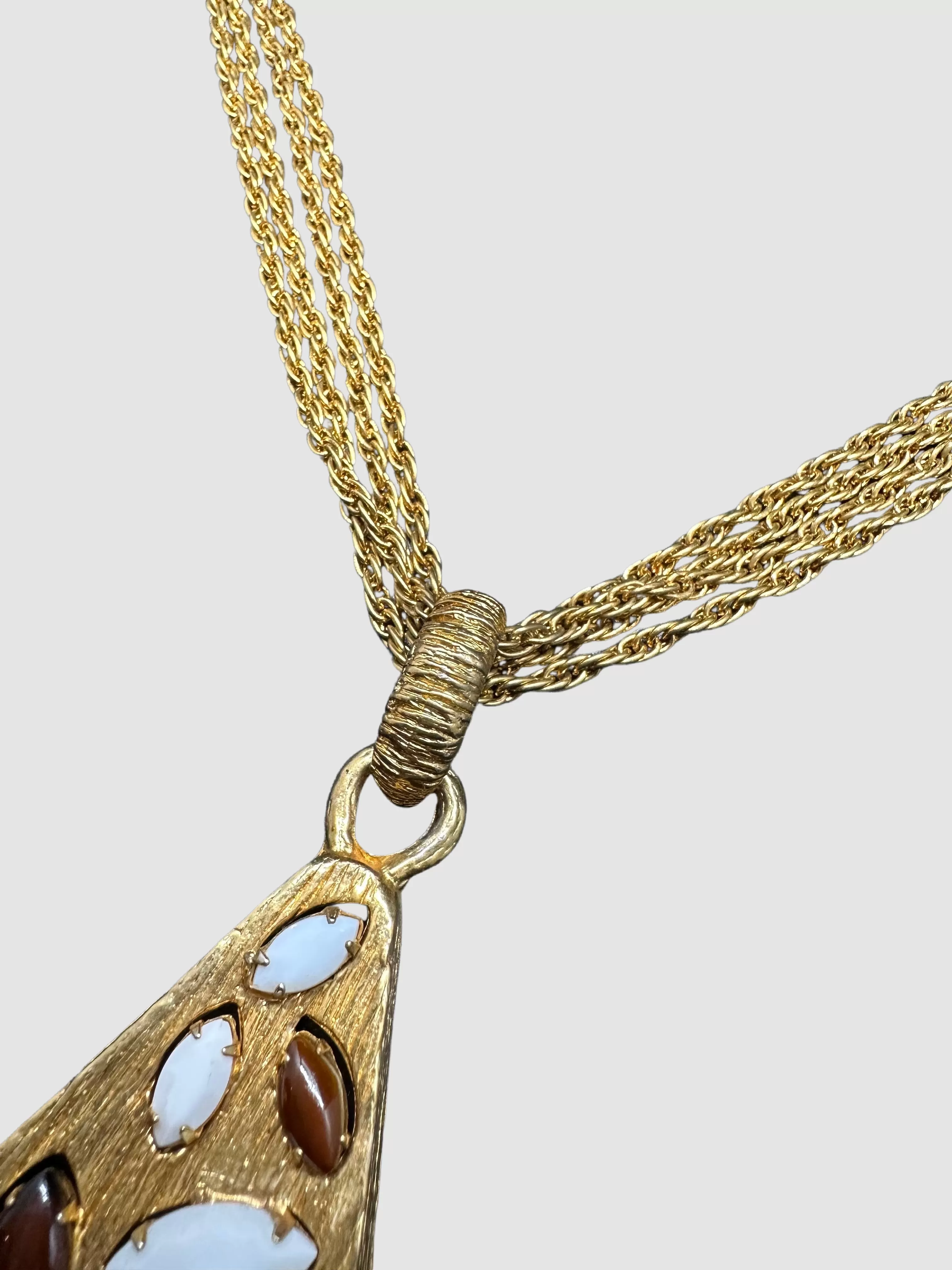 MYSTICAL PYRAMID Vintage 60s 70s Four Chain Gold Tone Necklace w/ Gem Set Pendant