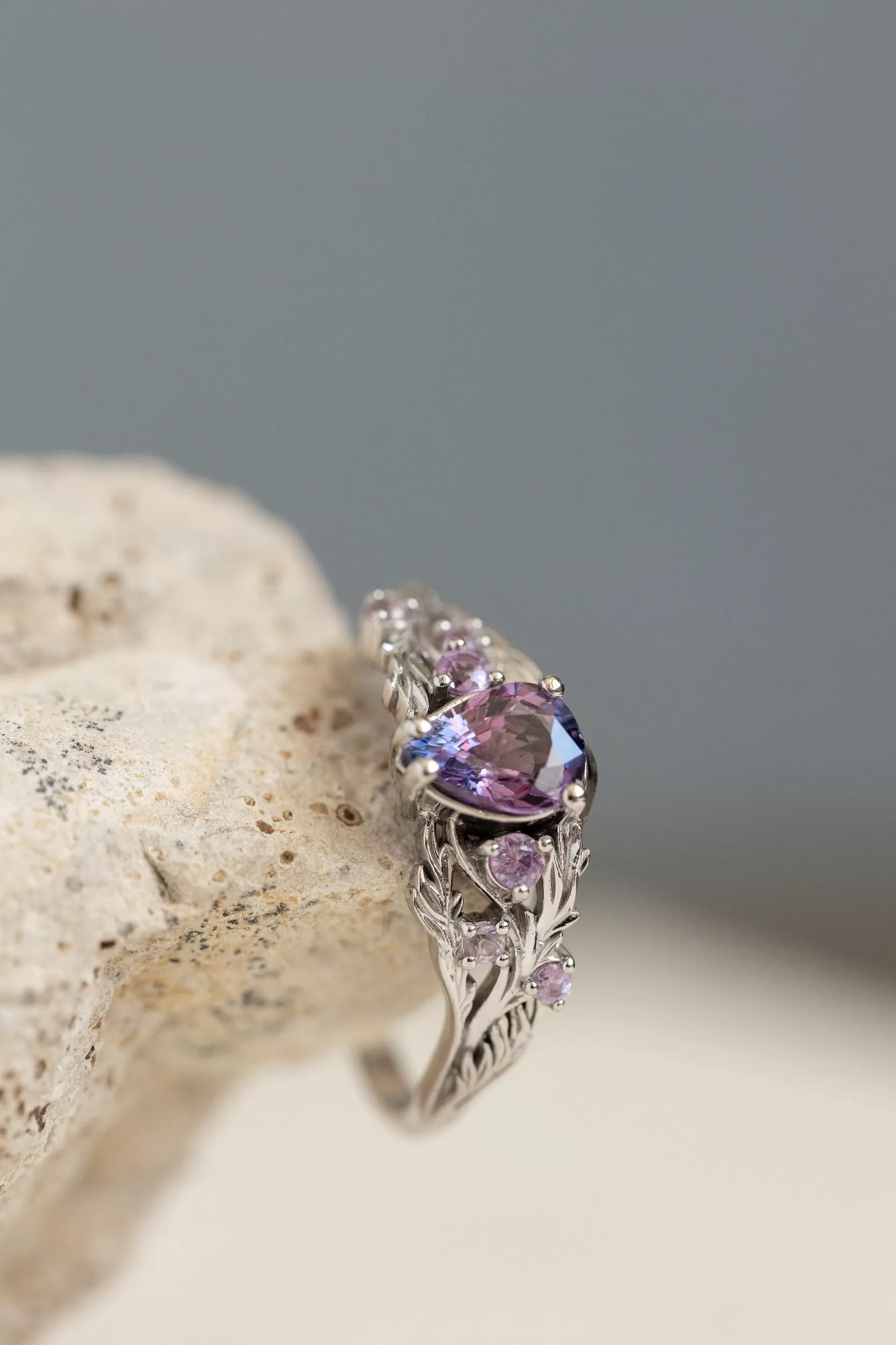 Natural bicolor purple sapphire nature inspired white gold engagement ring / Japanese Maple