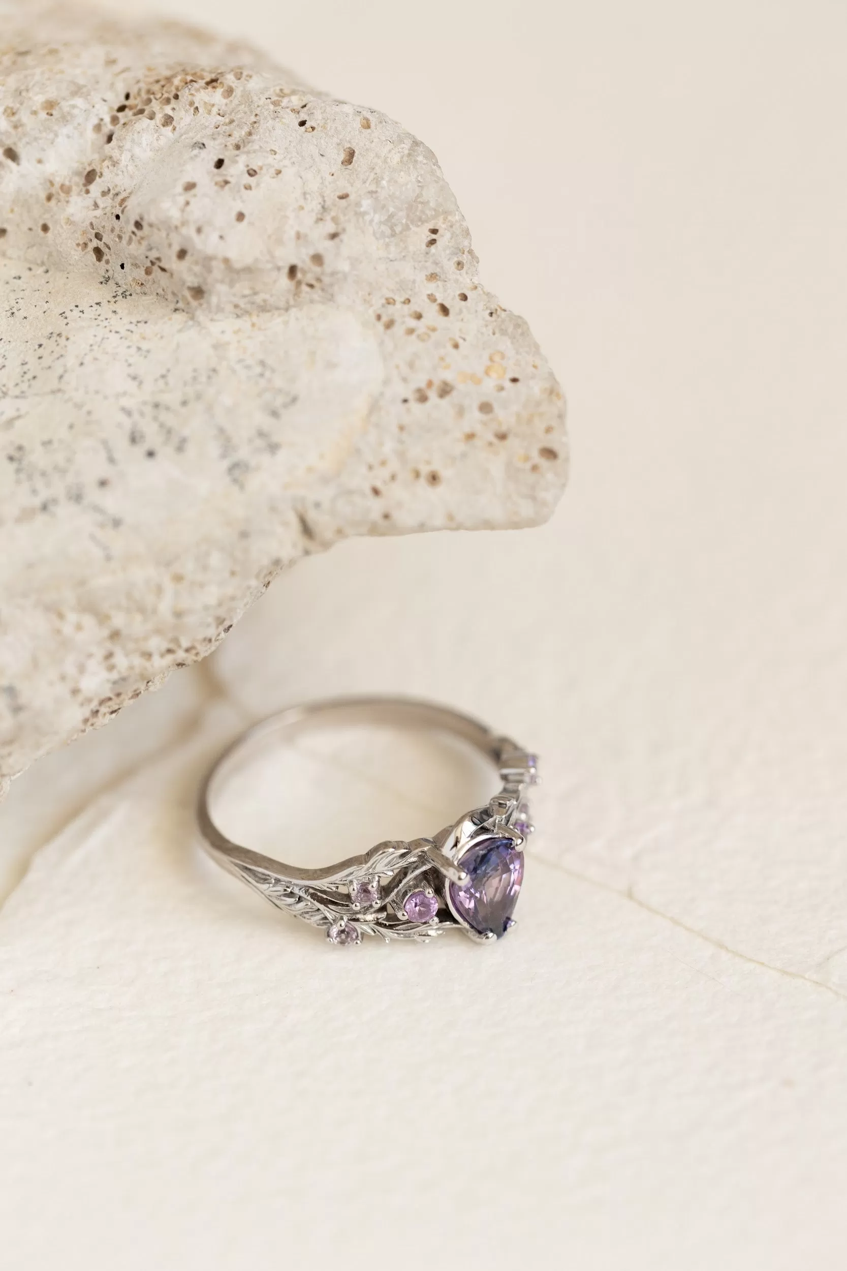 Natural bicolor purple sapphire nature inspired white gold engagement ring / Japanese Maple