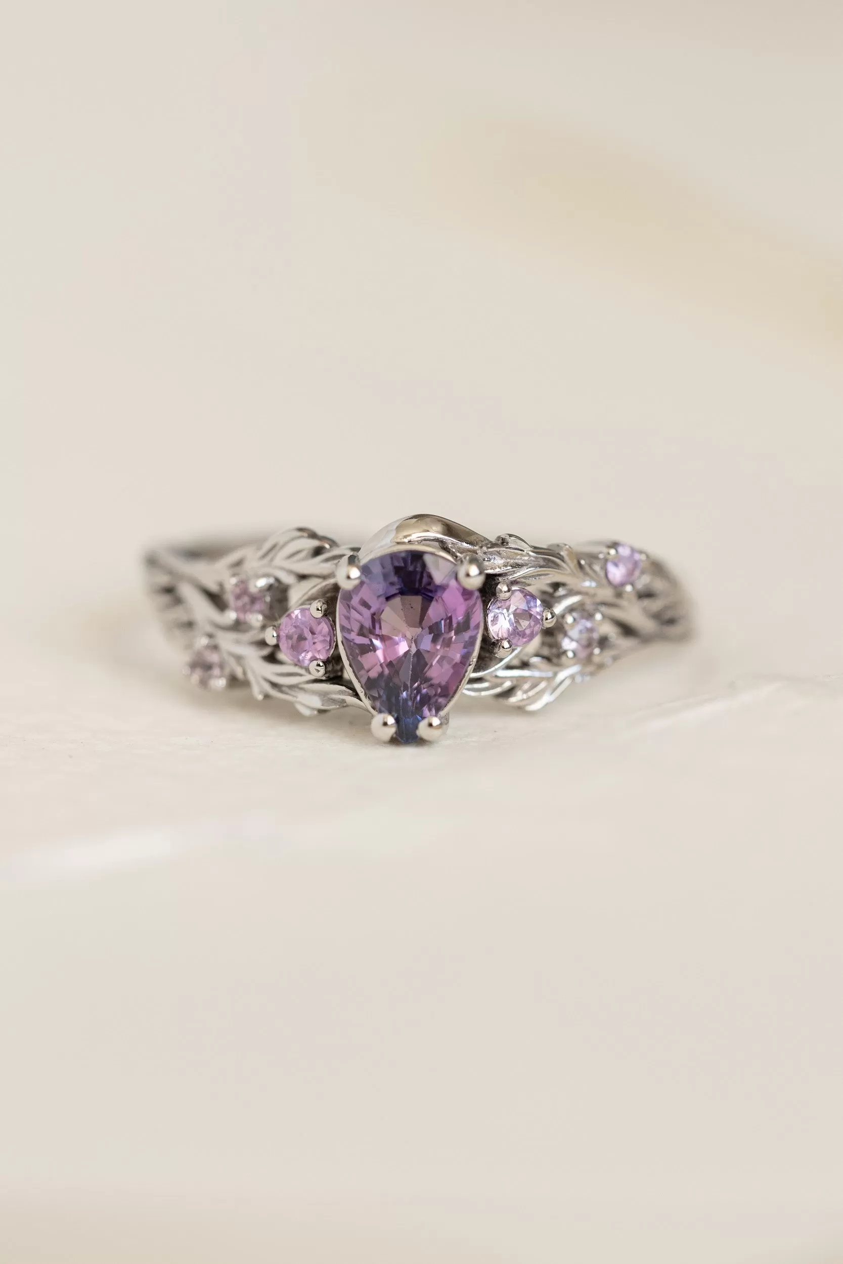 Natural bicolor purple sapphire nature inspired white gold engagement ring / Japanese Maple