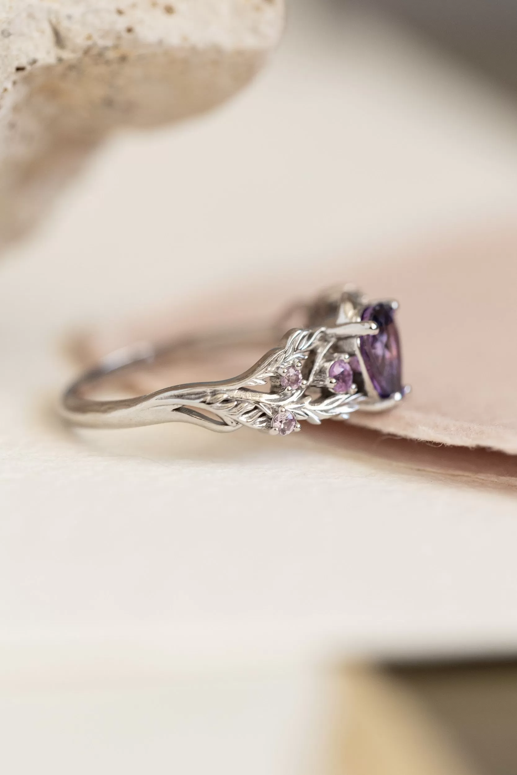 Natural bicolor purple sapphire nature inspired white gold engagement ring / Japanese Maple