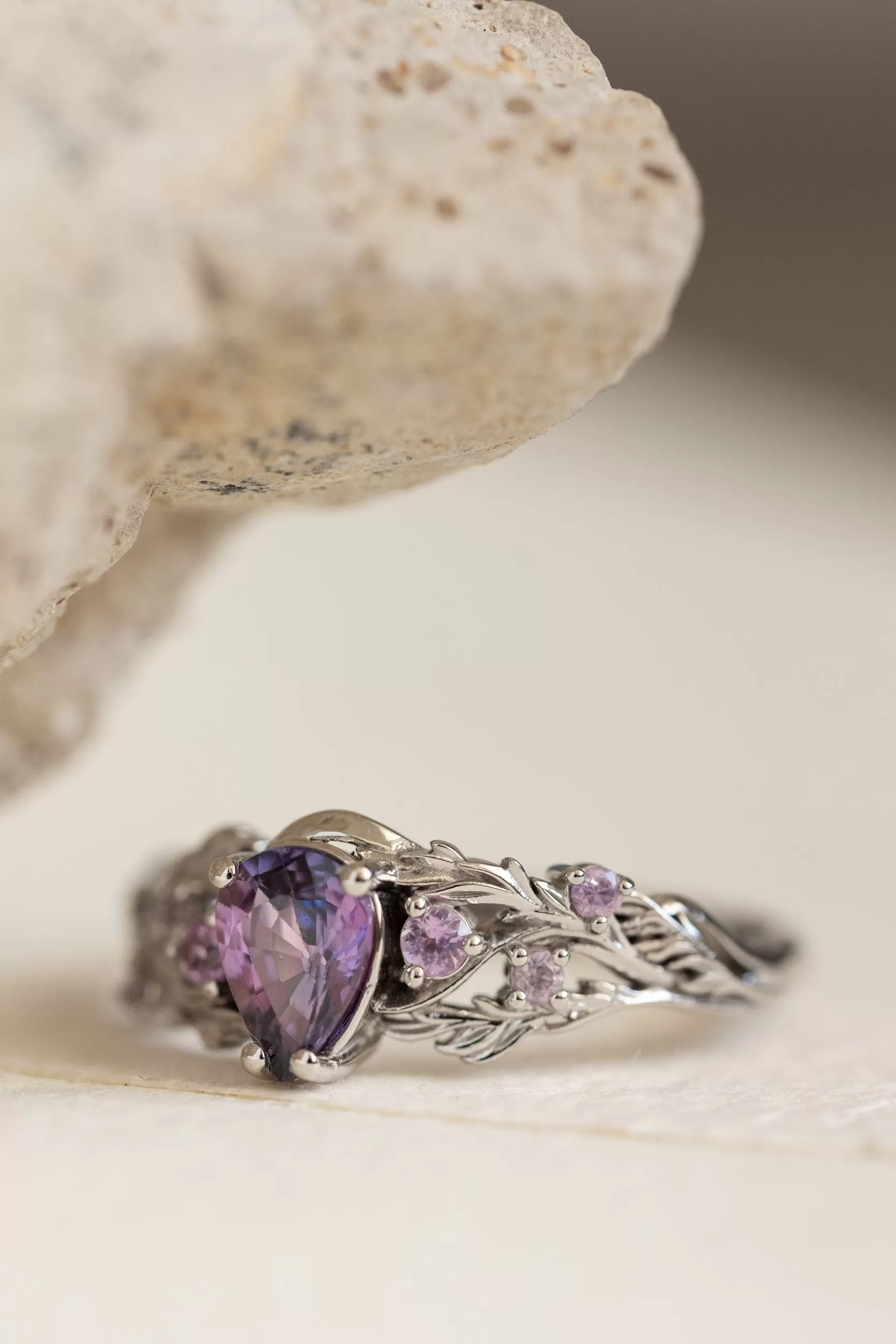 Natural bicolor purple sapphire nature inspired white gold engagement ring / Japanese Maple