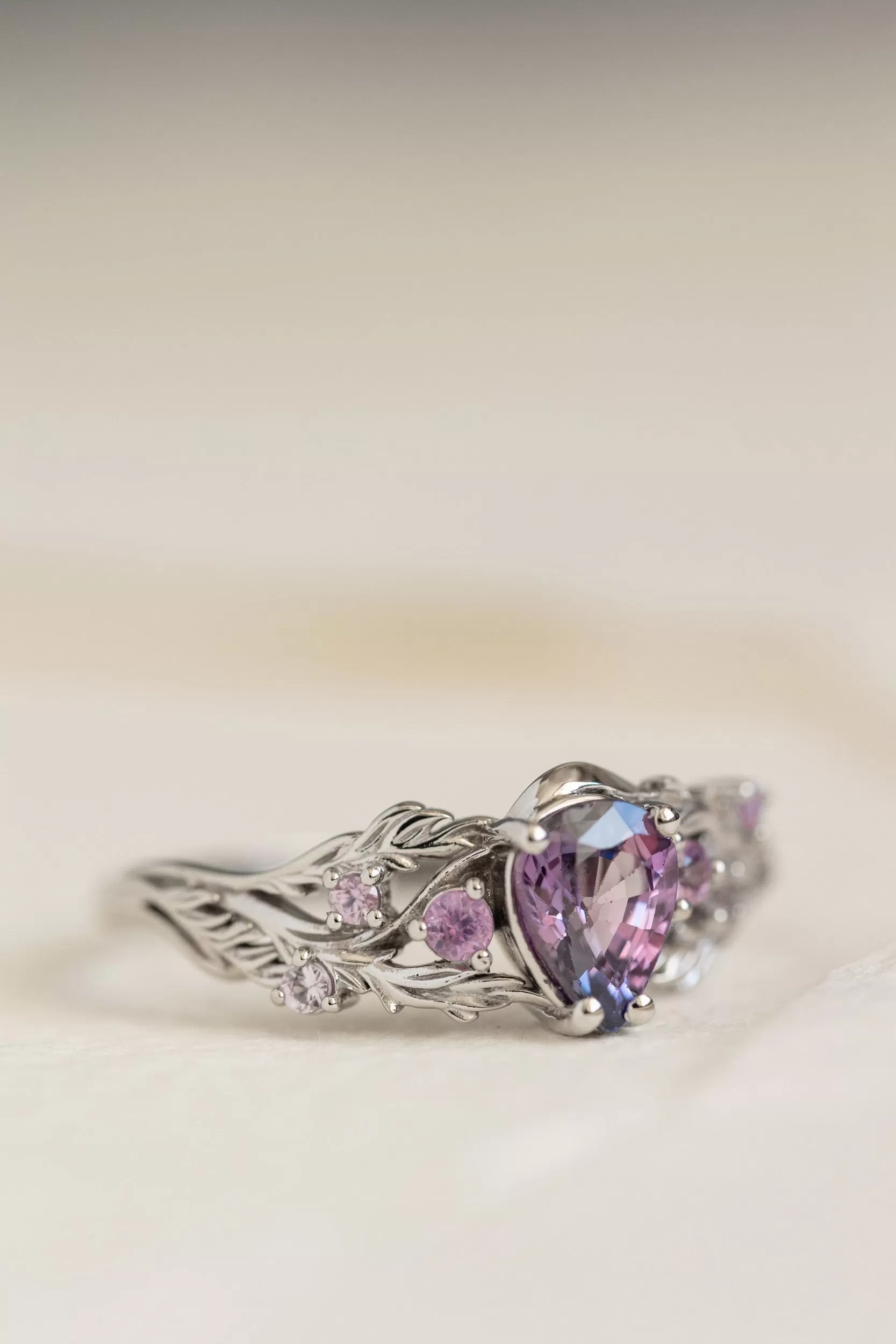 Natural bicolor purple sapphire nature inspired white gold engagement ring / Japanese Maple