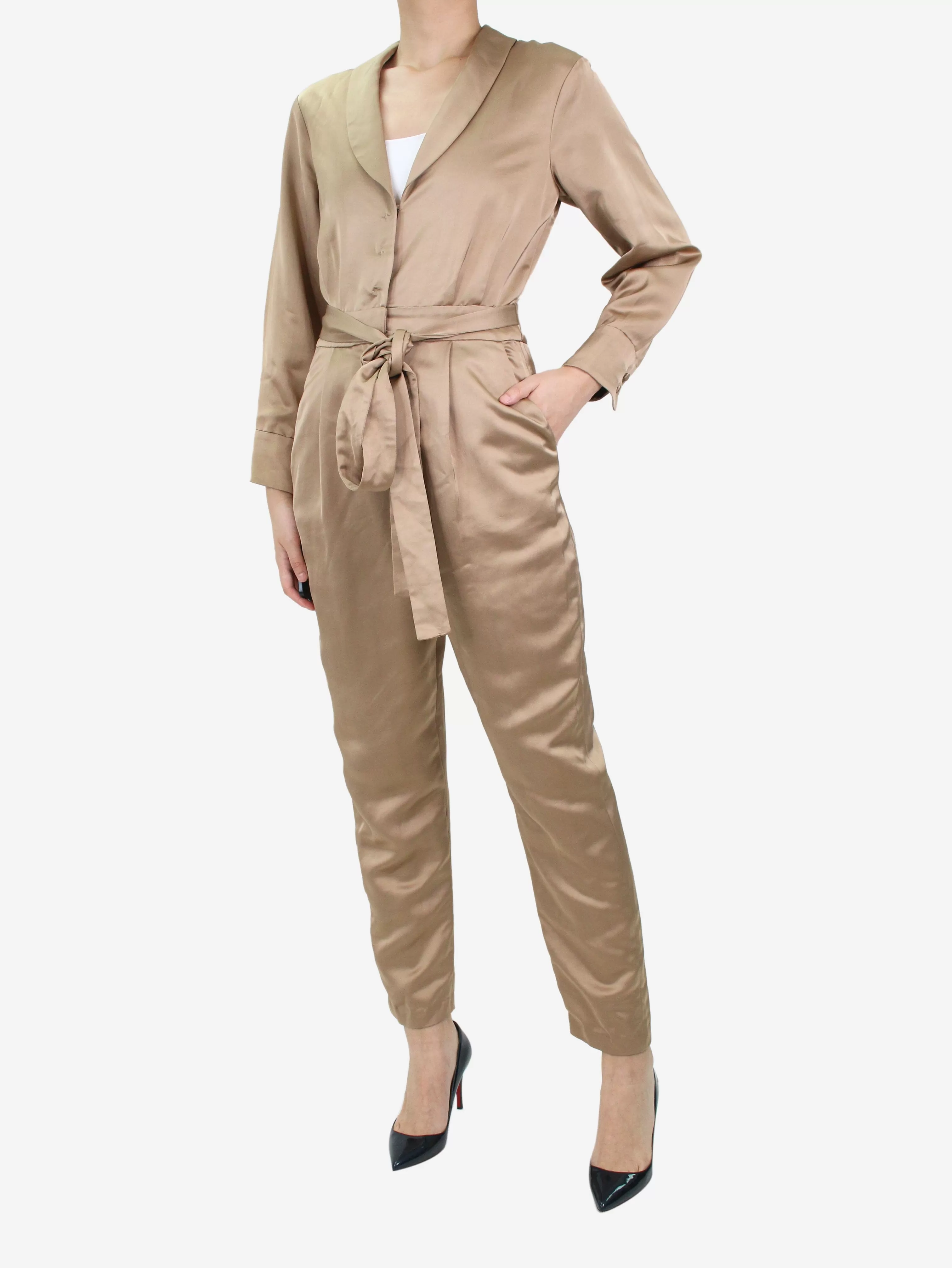 Neutral belted satin jumpsuit - size UK 10