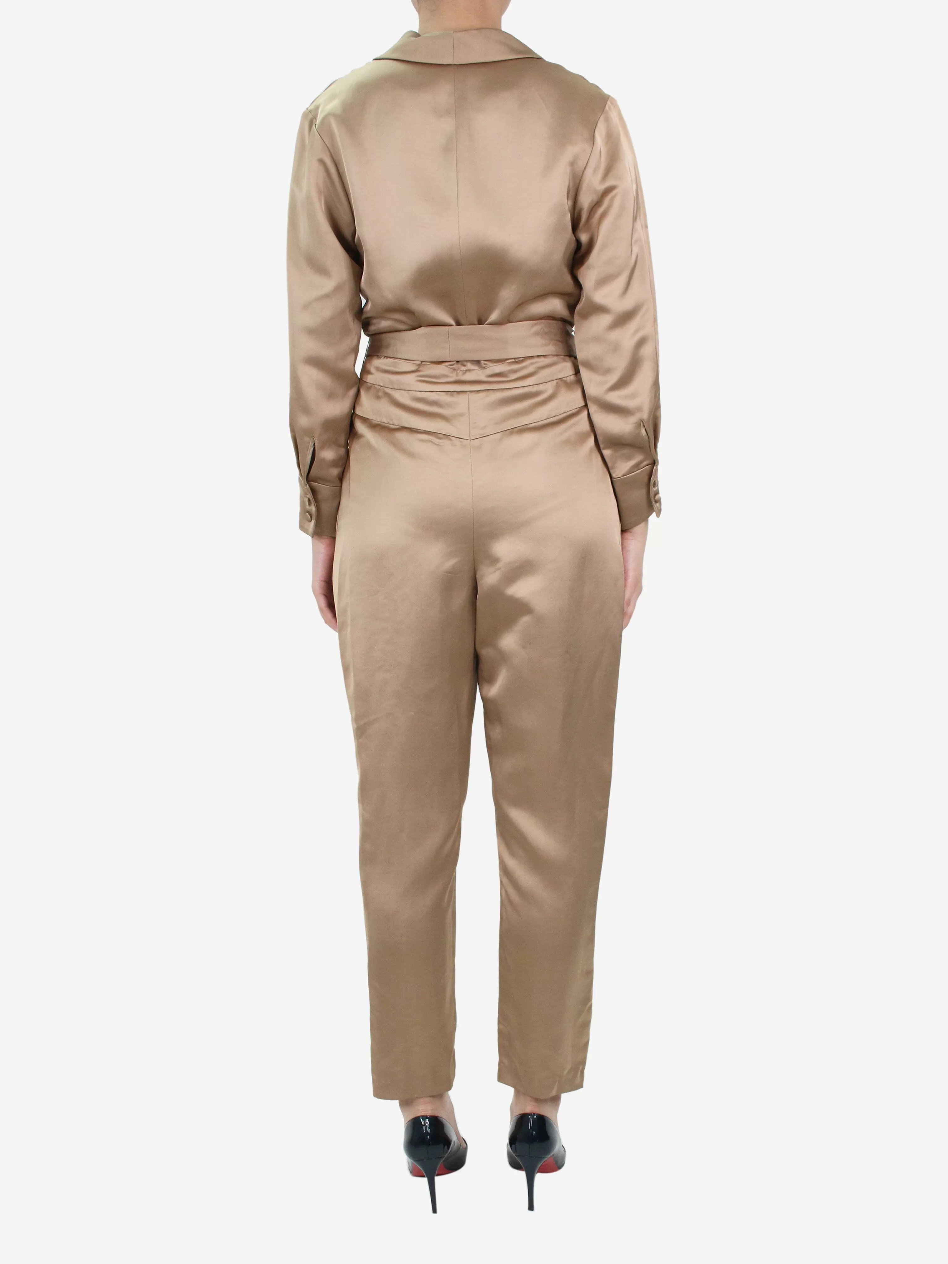 Neutral belted satin jumpsuit - size UK 10