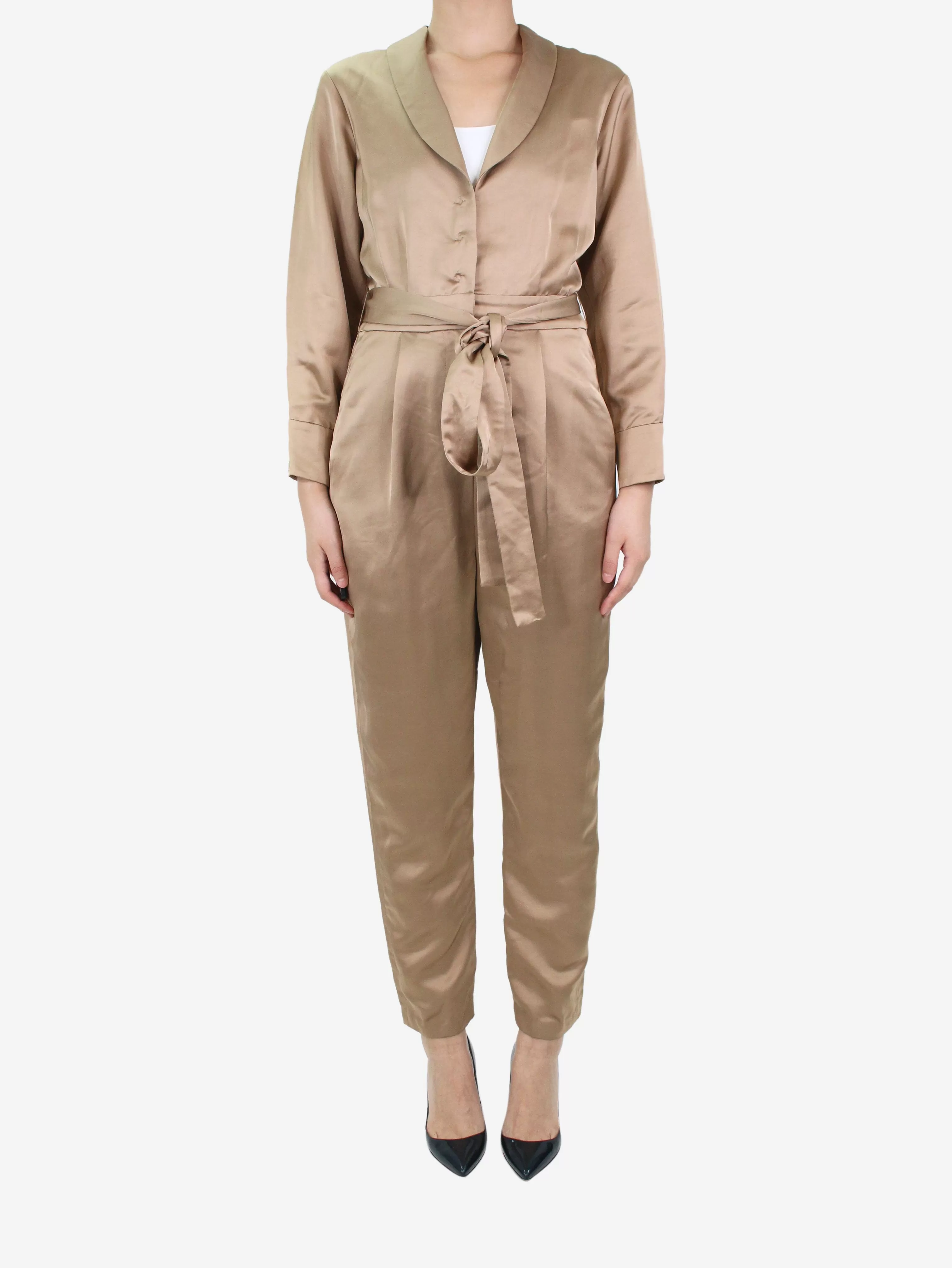 Neutral belted satin jumpsuit - size UK 10