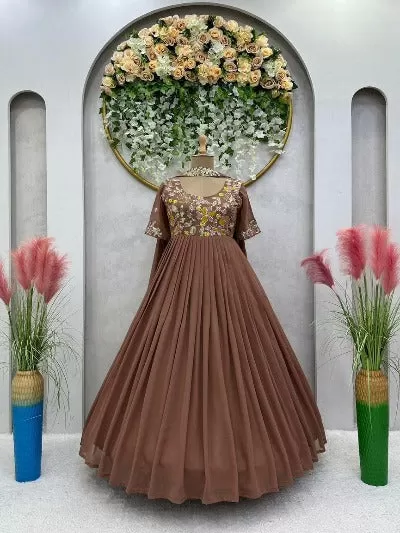 Nude Brown Designer Georgette Anarkali Gown With Dupatta 2Pc