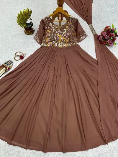 Nude Brown Designer Georgette Anarkali Gown With Dupatta 2Pc