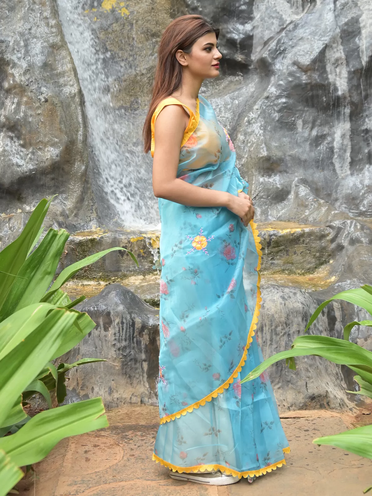 Odette Light Blue Floral Printed Organza Saree with Unstitched Blouse for Women