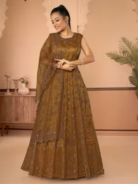 Odette Mustard Net  Embroidered Stitched Gown  for Women