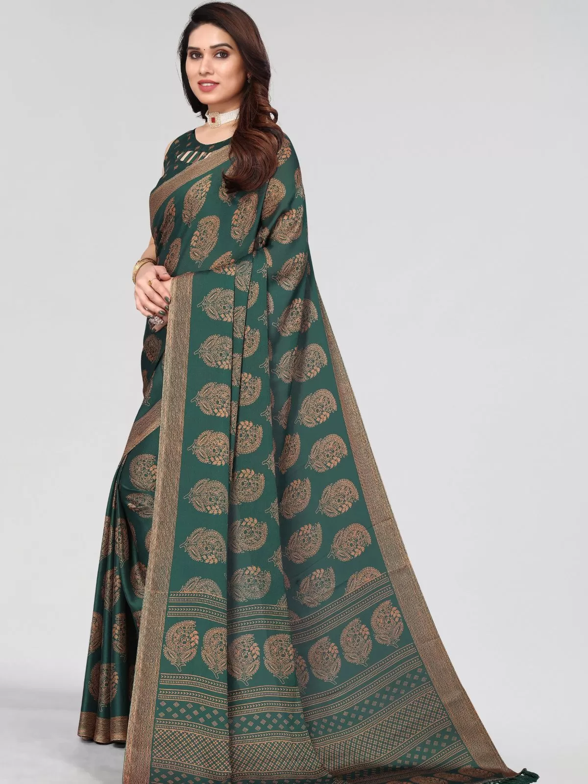 Odette Partywear Dark Green Printed Moss Chiffon Saree with Unstitched Blouse for Women