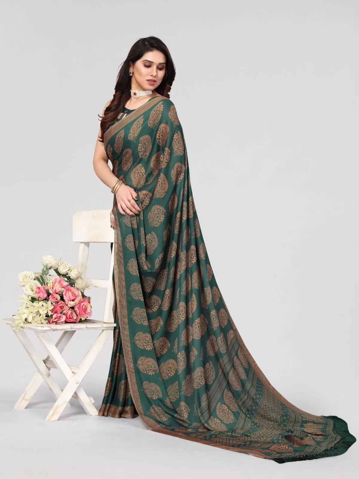 Odette Partywear Dark Green Printed Moss Chiffon Saree with Unstitched Blouse for Women