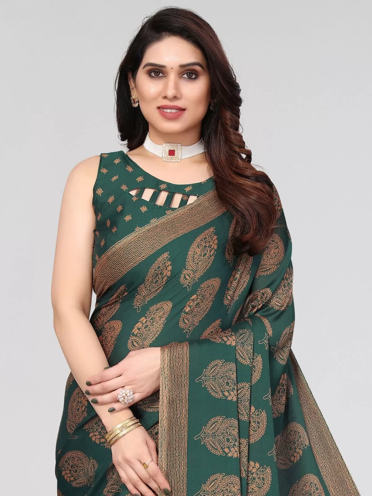 Odette Partywear Dark Green Printed Moss Chiffon Saree with Unstitched Blouse for Women