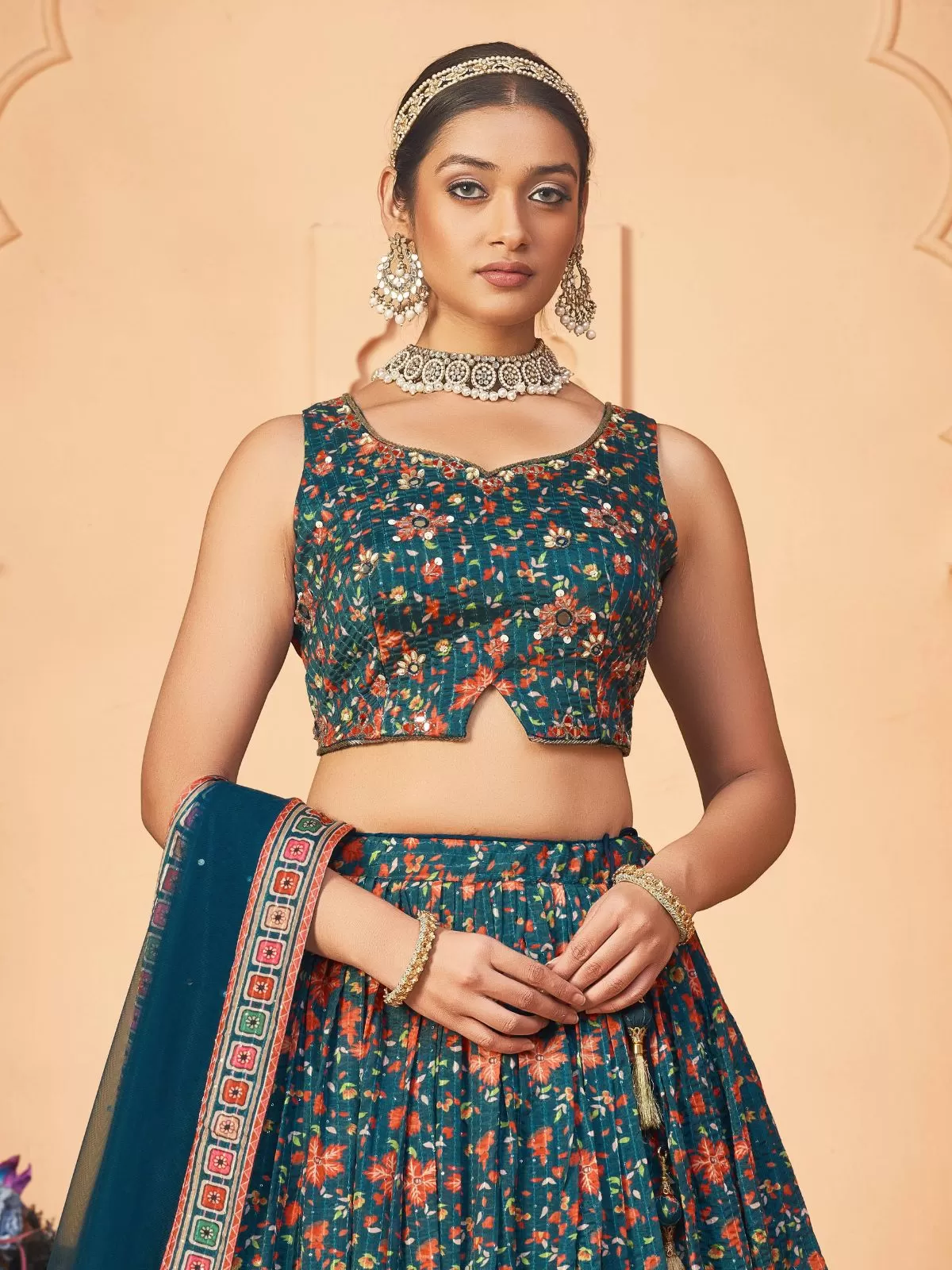 Odette Teal Chinon Printed Stitched Lehenga for Women