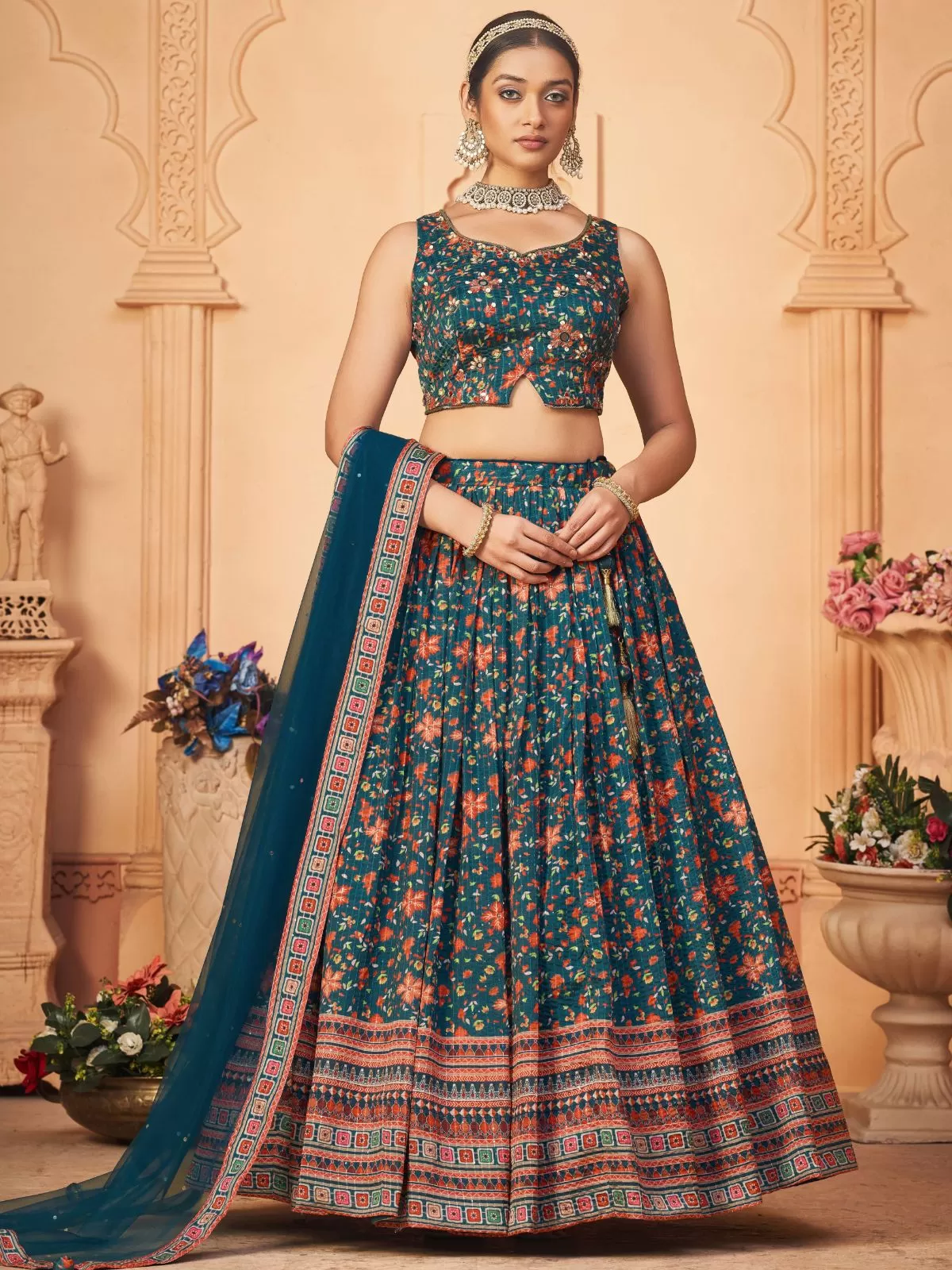 Odette Teal Chinon Printed Stitched Lehenga for Women