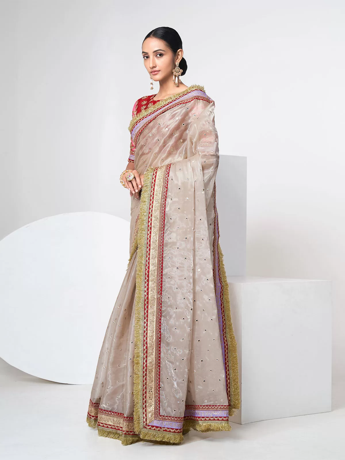 Odette Women Beige Organza Saree With Unstitched Blouse