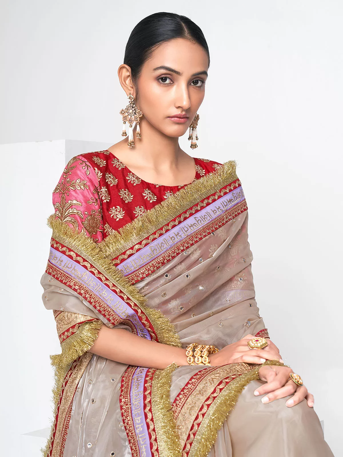 Odette Women Beige Organza Saree With Unstitched Blouse